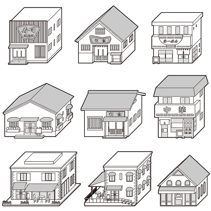 Multiple Store Drawing Threedimensional Vector Illustration Of Various Stores Line Drawing ...