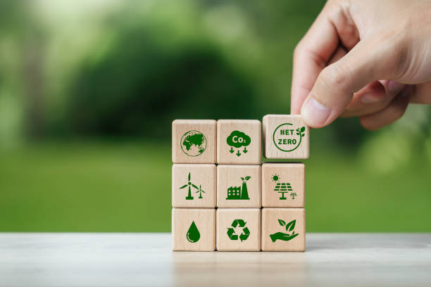 istock Net zero and carbon neutral concept. Net zero greenhouse gas emissions target. Climate neutral long term strategy with green net zero icons on Wooden blocks for sustainable environment 2165642999
