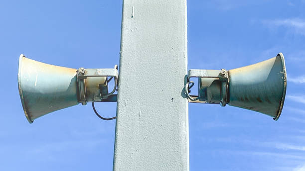 istock Two large speakers are mounted on a pole 2165644372