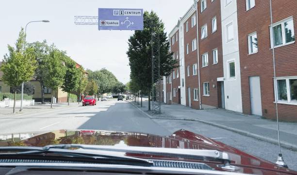 Roundabout ahead sign in Ystad, Sweden