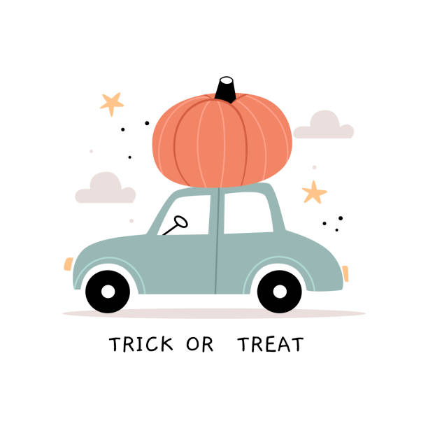 istock The car is carrying a large pumpkin.Fall season car with harvest isolated on white background. Cute adorable Halloween holiday illustration for kids in the Scandinavian style. 2165646067