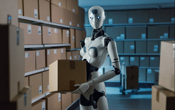 istock Humanoid AI robot carrying boxes in the warehouse 2165647041