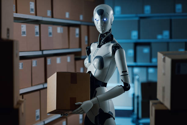 istock Humanoid AI robot carrying boxes in the warehouse 2165647161