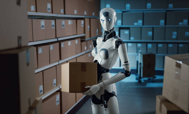 istock Humanoid AI robot carrying boxes in the warehouse 2165647346