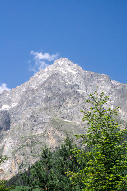 istock Snow-covered sharp rock peak under bright blue sky. Coniferous trees in foreground 2165656276
