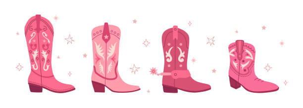 Cowgirl pink boots set. Flat hand drawn vector illustration. Cowboy Western and Wild West concept Cowgirl pink boots set. Flat hand drawn vector illustration. Cowboy Western and Wild West concept. cowboy boot stock illustrations