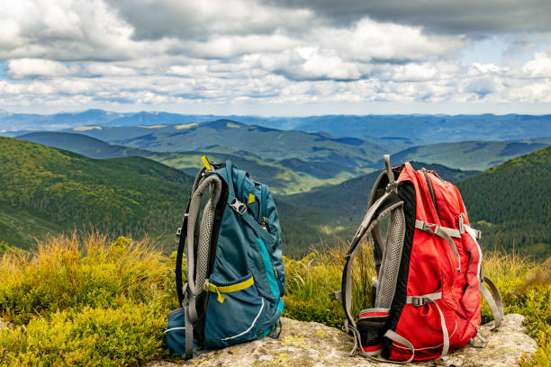 istock Hiking in the mountains with a backpack and walking poles, beautiful scenery. 2165669599