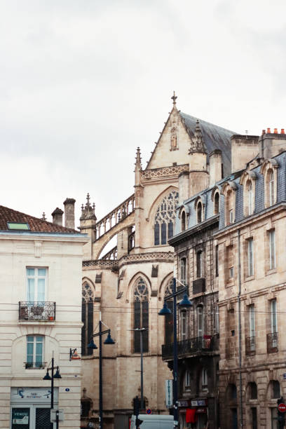 View of the top part of Saint Pierre church in the old town of Bordeaux, hiding behind other buildings in the city, showing it's majesty full of details and beaty.