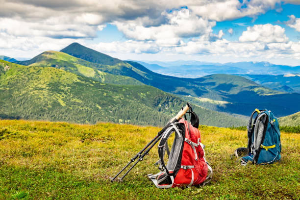 istock Hiking in the mountains with a backpack and walking poles. 2165670108