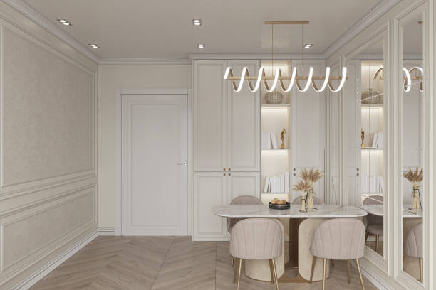 istock This modern dining room, awash with natural light, features a plush white chair and a table and minimalist decor 2165670648
