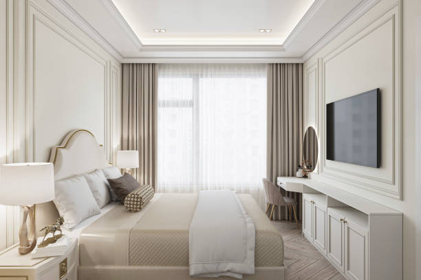 istock Bright master bedroom interior with a white wall, built-in arch, and comfortable bed in mid century style 2165670749
