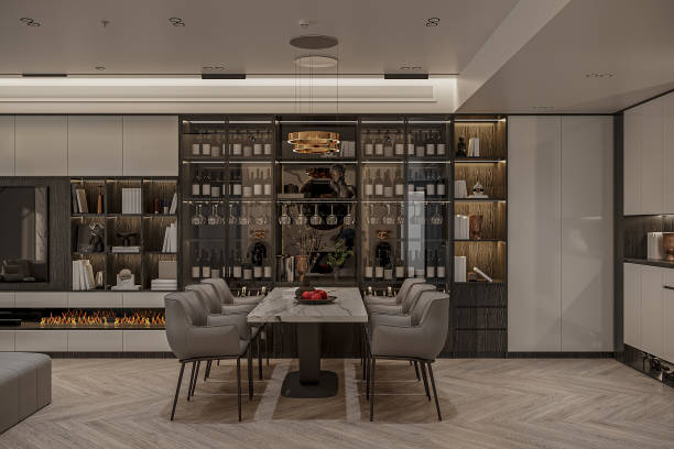 istock Front view on dark dining room interior with wall showcase with wine and glass, dining table, and seating chairs. 2165671363