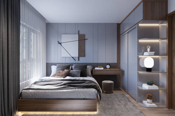 istock Colored modern white and blue bedroom with big panoramic window 2165671395