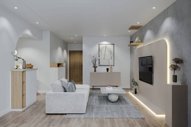 istock 3D rendering, spacious living room design of modern residence, with sofa, tea table, decorative painting 2165671460