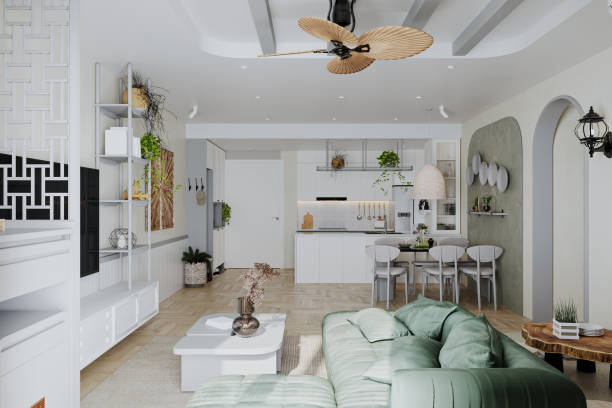 istock A studio apartment with a living, dining, and kitchen area decorated in a boho style. 2165671462