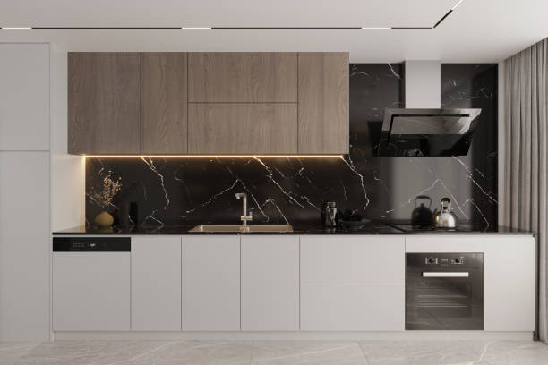 istock Modern built-in kitchen with appliances in a minimalist style 2165671590