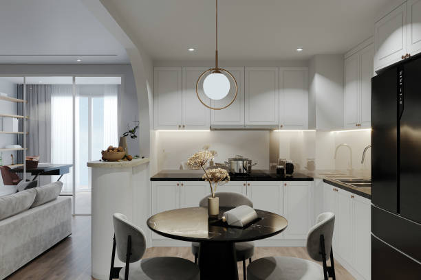 istock Modern luxury white minimalist kitchen with dining table and chairs 2165671613