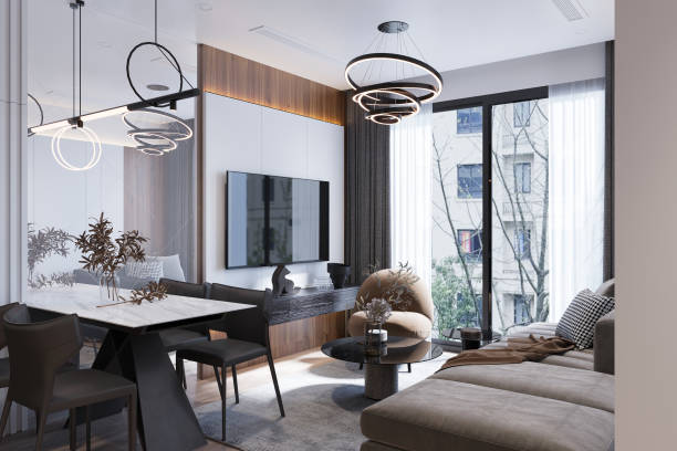 istock Modern living room with TV unit with a panorama view 2165671649