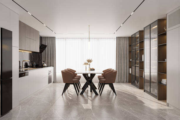 istock modern dining room with a family table and seating chairs in an open plan interior 2165671652