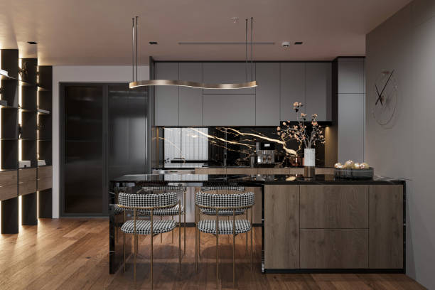 istock Modern kitchen interior, Contemporary kitchen with planned wooden flooring 2165671653