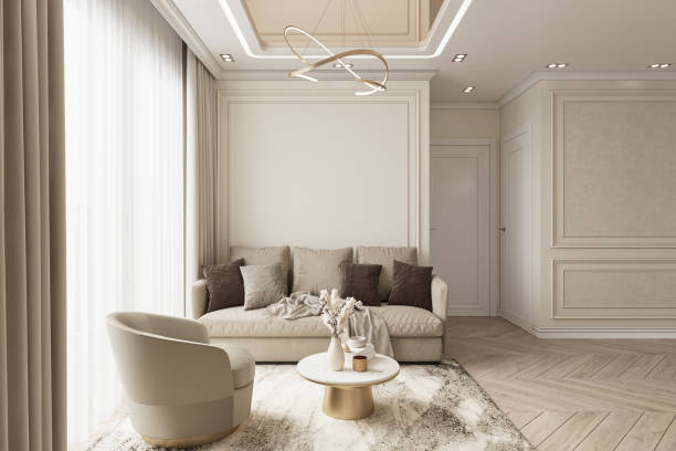 istock luxury living room design, bright beige interior apartment, panorama, 3d render 2165671664