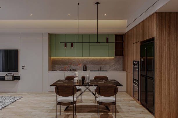 istock A chic home flaunts a modern kitchen, sleek dining table, wooden touches, and a parquet floor 2165671698