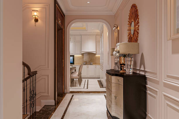 istock Classic Foyer Design With Oak Storage console cabinet And wall arch 2165671733