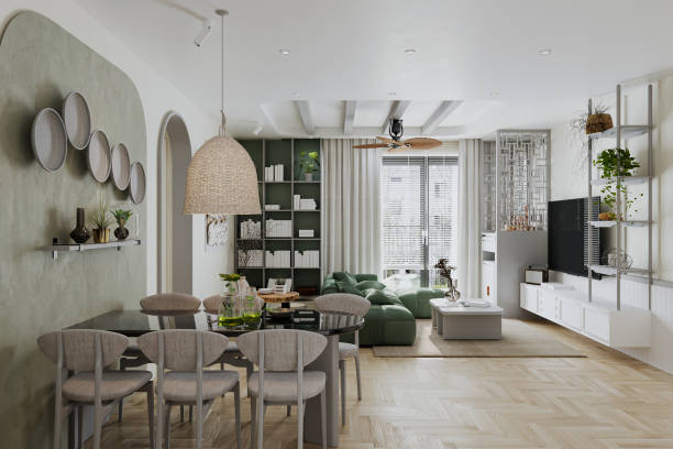 istock Modern boho apartment interior design, with living and dining room in minimalist style 2165671845