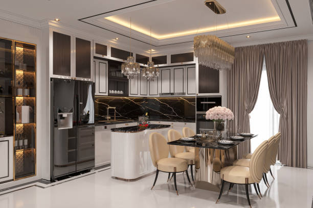 istock modern kitchen interior with dining table in contemporary style, kitchen in black and white tones 2165672428
