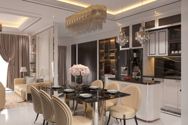 istock Modern kitchen-dining room with dining table, refrigerator, kitchen line, and countertop 2165672588