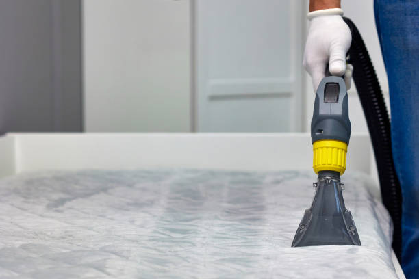 istock Professional cleaning services man in white gloves vacuuming blanket on white bed 2165676844