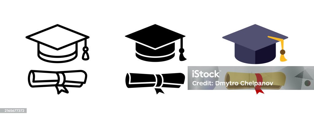Gorro de graduación con conjunto de iconos de diploma. Sombrero de estudiante con ilustración vectorial de certificado de grado académico. Concepto de ceremonia de graduación de la universidad, de la escuela y de la universidad. - arte vectorial de Ícono libre de derechos Gorro de graduación con conjunto de iconos de diploma. Sombrero de estudiante con ilustración vectorial de certificado de grado académico. Concepto de ceremonia de graduación de la universidad, de la escuela y de la universidad. - arte vectorial de Ícono libre de derechos