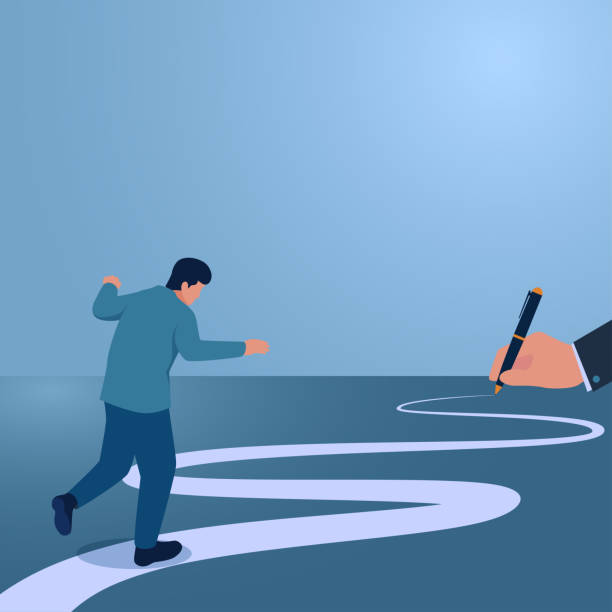 istock A man walks along a line made by big hands, an illustration of business support. 2165678361