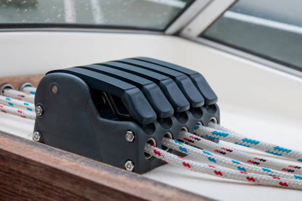 istock Sailing boat ropes at stoppers. Line jammer. Yachting details. 2165686421