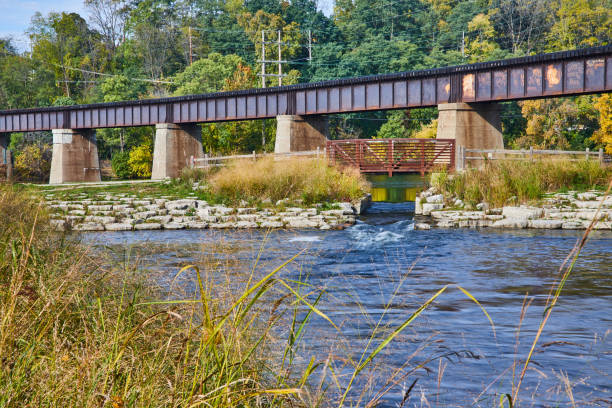 istock Tranquil River and Bridges in Lush Landscape, Michigan 2165686558