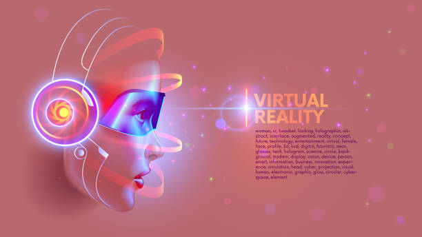istock Virtual Reality conceptual poster. Woman head in VR headset looking at holographic abstract interface of virtual reality. Female face profile lit by 3d interface. VR glasses on beautiful girl face. 2165687853