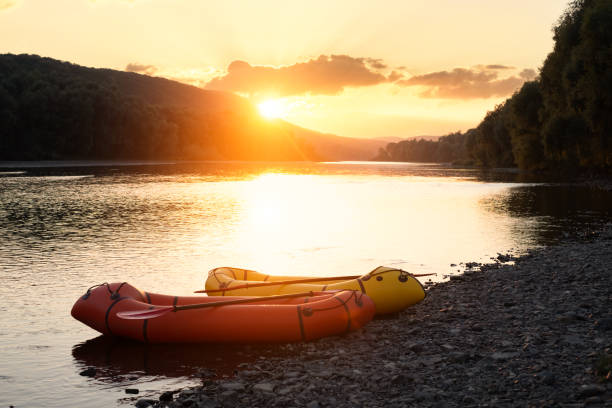 istock Beautiful landscape with two packrafts rubber boats 2165693078