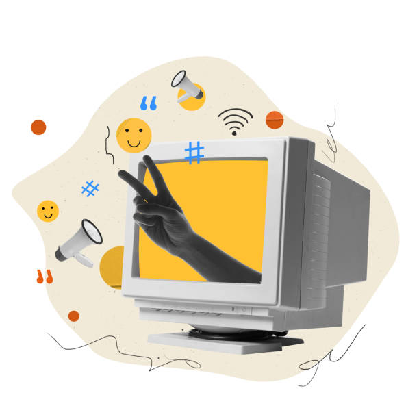 Human hands appearing from computer screen and showing peace symbol. Positive branding, online communication, social media. Contemporary art collage.