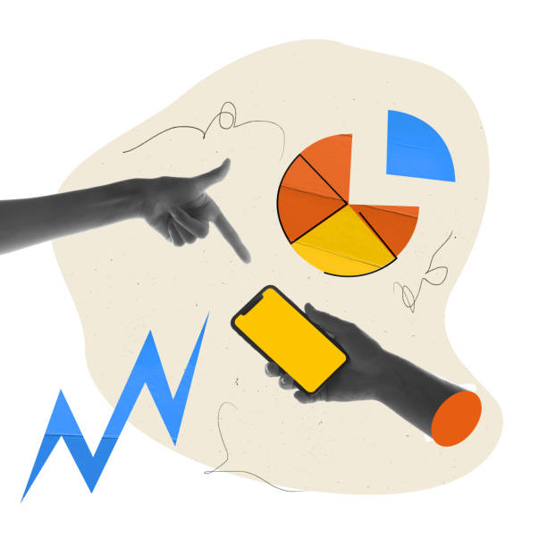 istock Human hands interacting with mobile phone and multicolored pie chart. Performance metrics, segmentation and targeting, analytics. Contemporary art collage. 2165695077