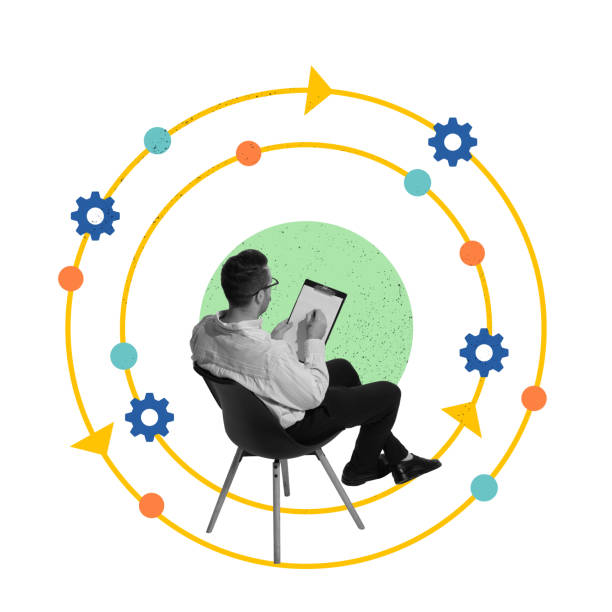 istock Employee, man working with documents. Coordinates of steps, efficiency and monitoring, management control. Contemporary art collage. 2165695115