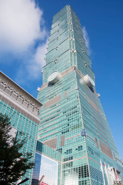 Taipei, Taiwan- 3 Dec, 2022: View of Taipei 101 building in Taiwan with blue sky. It was the tallest in the world from 2004 to 2010.
