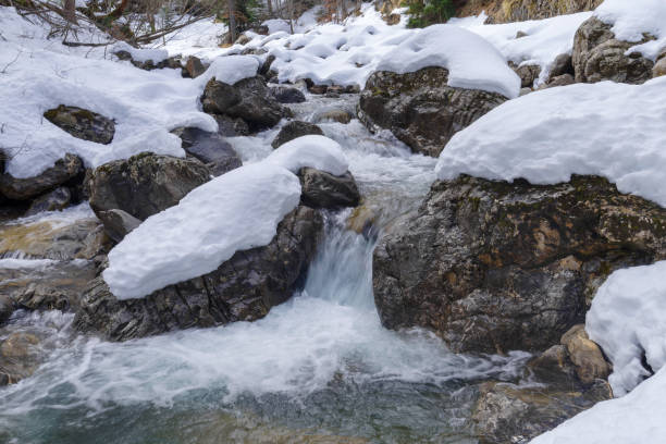 Snowy mountain peaks. Beautiful winter landscape in the mountains. Stone cliffs.