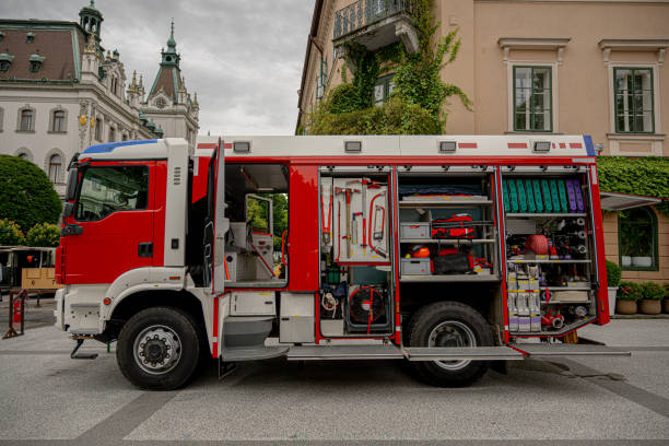 Fire truck on display in Slovenia during summer event. shows us its interior equipment
