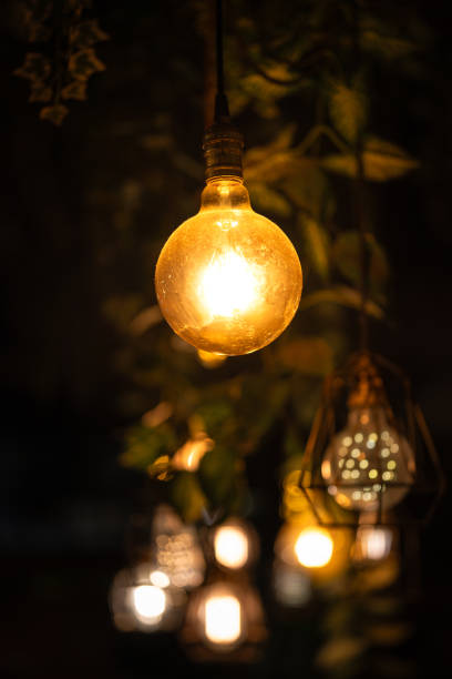 istock Ceiling lighting bulb with iron cage glowing in orange warm light. interior decoration. 2165704698