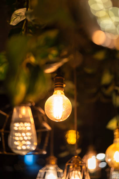 istock Ceiling lighting bulb with iron cage glowing in orange warm light. interior decoration. 2165704730