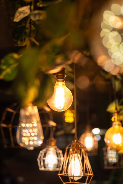 istock Ceiling lighting bulb with iron cage glowing in orange warm light. interior decoration. 2165704733