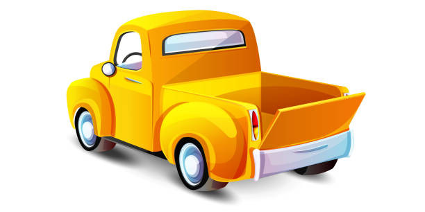 istock Yellow autumn pickup truck in motion with open trunk on isolated white background. 2165708795