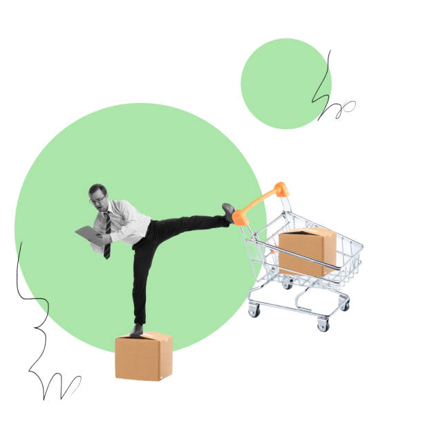istock Man interacting with carton boxes and making notes. Inventory management, planning and coordination of raw materials. Contemporary art collage. 2165714121