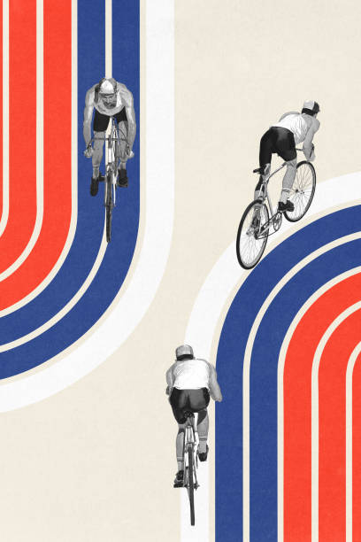 istock Young guy, rider in retro-style clothes riding on bicycle against light background with abstract colorful element. Creative design 2165716252