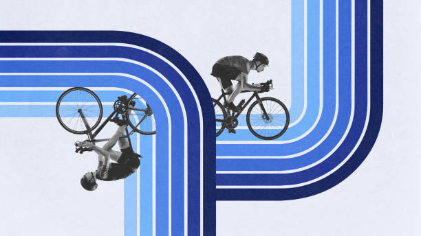 istock Two focused men competing, riding bicycle on curving road against light background with abstract colorful element. Creative design 2165716272